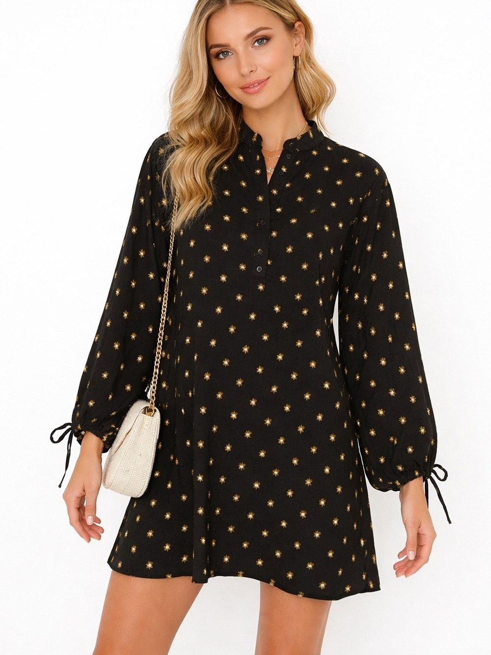 Stine Goya Oversized Mini Dress XS | Scandinavian Chic Floral Puff Sleeve Tunic